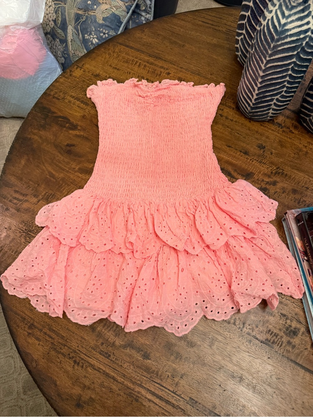 Pink Strapless Smocked Eyelet Ruffle Dress